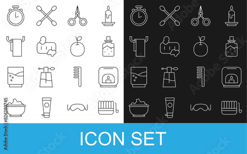 Set line Sauna bucket and ladle, Aroma lamp, Spa salt, Scissors, Bar of soap with foam, Towel on hanger, Stopwatch and Apple icon. Vector