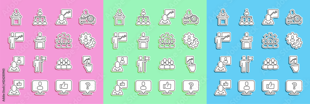 Set line Question mark, Team leader, Head hunting, Speaker, and Project team base icon. Vector Set line Question mark, Team leader, Head hunting, Speaker, and Project team base icon. Vector