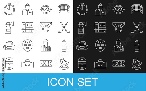 Set line Skates, Fitness shaker, Ice hockey sticks, Hockey table, Locker or changing room, Air horn, Stopwatch and Medal icon. Vector