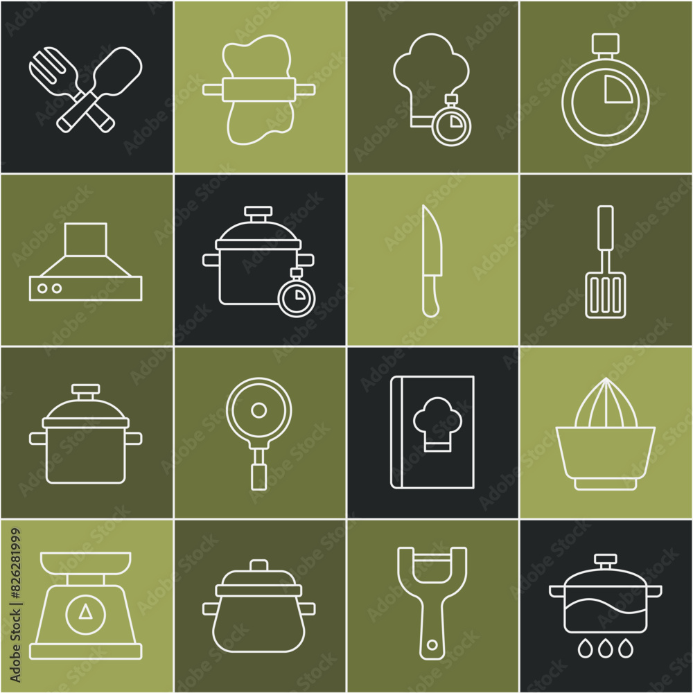 Set line Cooking pot, Citrus fruit juicer, Barbecue spatula, Chef hat, Kitchen extractor fan, Crossed fork and spoon and Knife icon. Vector