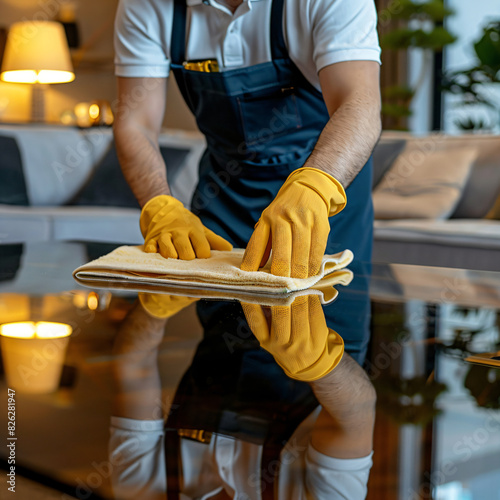 Close-up of a person cleaning a glass surface with yellow gloves, perfect for household hygiene projects, cleaning service promotions, and sanitation themes