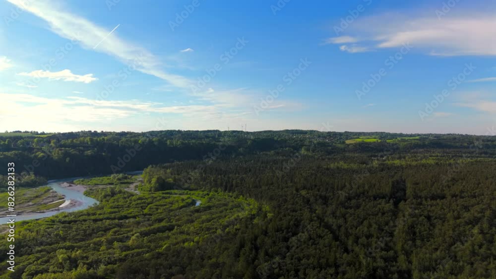 Aerial view Isar River and wind mills in sunny weather near town of Wolfratshausen in Bavaria, Germany. Luftaufnahme der Isar und der Windkraftwerke von Wolfratshausen in Bayern, Deutschland. Aerial view Isar River and wind mills in sunny weather near town of Wolfratshausen in Bavaria, Germany. Luftaufnahme der Isar und der Windkraftwerke von Wolfratshausen in Bayern, Deutschland.