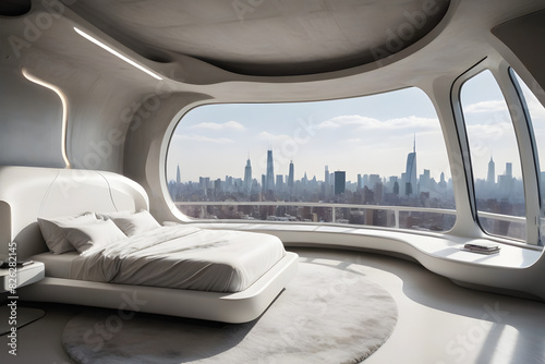 Modern Bedroom with Panoramic Cityscape: Arafed Color Scheme 