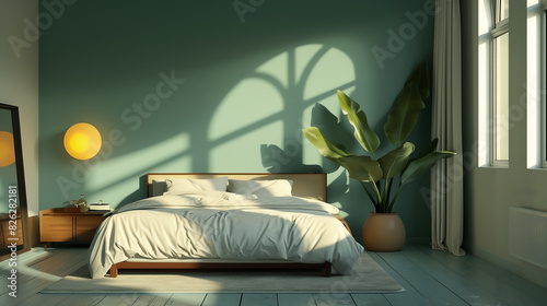 Green bedroom with doble bed and large window