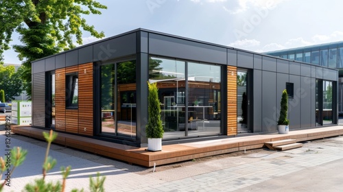A finished modular building with neatly aligned preconstructed modules forming a modern and functional structure.