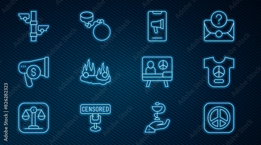 Set line Peace, Protest, Burning car, Megaphone and dollar, Security camera, and Ball chain icon. Vector Set line Peace, Protest, Burning car, Megaphone and dollar, Security camera, and Ball chain icon. Vector