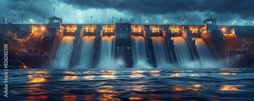 High-contrast image of a hydroelectric dam at dusk with powerful water flow