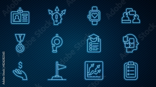 Set line To do list or planning, Head puzzles strategy, Smart watch, Whistle, Medal, Identification badge, Online education and Project team base icon. Vector