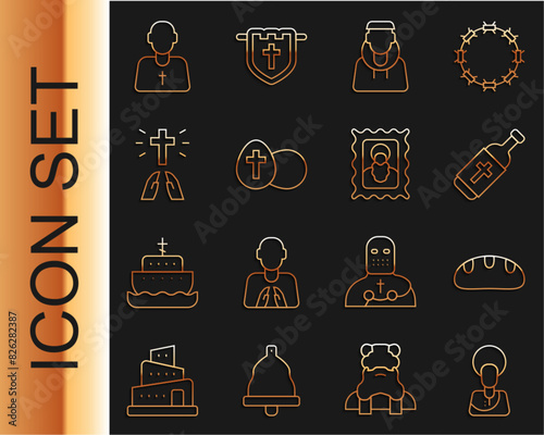Set line Jesus Christ, Bread loaf, Holy water bottle, Monk, Easter egg, Hands in praying position, Priest and Christian icon icon. Vector