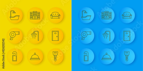 Set line Please do not disturb, Hair dryer, Shower, Hotel door lock key, Bathtub, Sofa and building icon. Vector