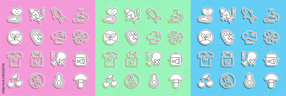 Set line Mushroom, Cooking pot and chicken leg, Acorn, Fish, No meat, Sprout, Steak and Vegan food diet icon. Vector Set line Mushroom, Cooking pot and chicken leg, Acorn, Fish, No meat, Sprout, Steak and Vegan food diet icon. Vector