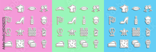 Set line Hot air balloon, Coffee cup to go, Cook, Smiling lips, Woman shoe, Flag France, Croissant and Champagne bottle icon. Vector