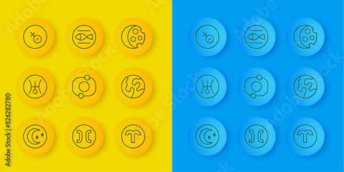 Set line Moon and stars, Symbol Uranus, Solar system, Aries zodiac, Earth globe, Venus symbol, Eclipse of the sun and Pisces icon. Vector