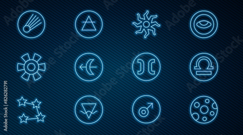 Set line Full moon, Libra zodiac, Sun, Sagittarius, Comet, Pisces and Air element icon. Vector