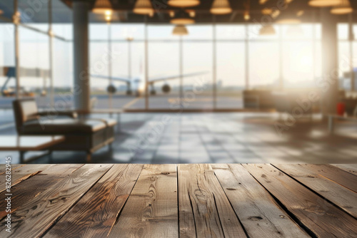 A wooden table in the foreground with a blurred background of an airport lounge. The background includes comfortable seating  large windows with views of airplanes  travelers relaxing or working