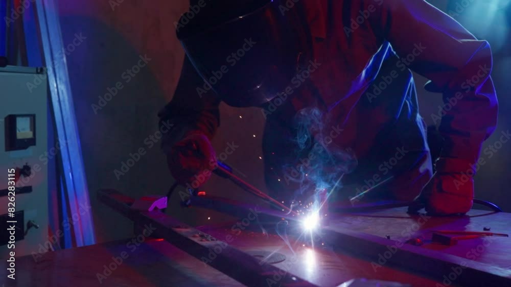 A male welder uses a welding machine on an iron surface, smoke, sparks and flashing lights all around. Male worker is welding steel material. Dark atmosphere with blue light. A male welder uses a welding machine on an iron surface, smoke, sparks and flashing lights all around. Male worker is welding steel material. Dark atmosphere with blue light.