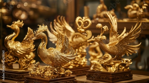 Collection of gold figurines displayed on a table.