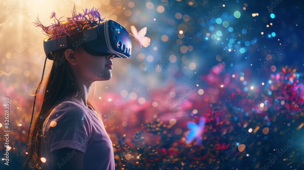 A female is in a virtual fantasy enchanted forest with glowing plants when wearing VR headset. A female is in a virtual fantasy enchanted forest with glowing plants when wearing VR headset.