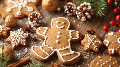 Holiday gingerbread cookies and decor displayed on a wooden backdrop