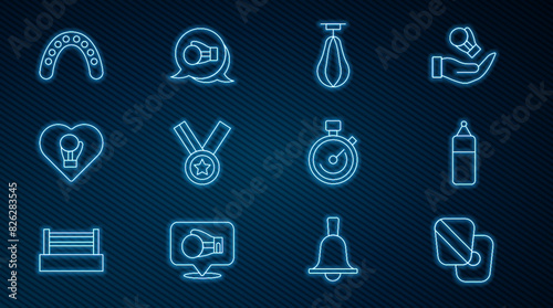 Set line Boxing training paws, Punching bag, Medal, glove, Mouth guard boxer, Stopwatch and icon. Vector
