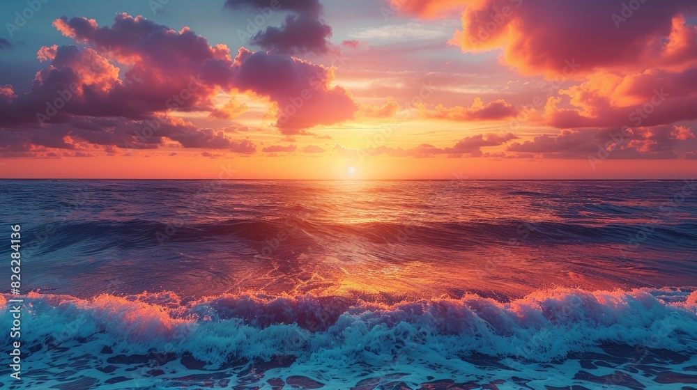 A breathtaking sunrise over a vast ocean, with the sky painted in hues of orange, pink, and purple.