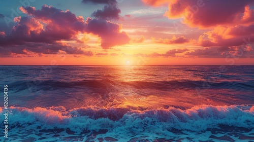 A breathtaking sunrise over a vast ocean, with the sky painted in hues of orange, pink, and purple.