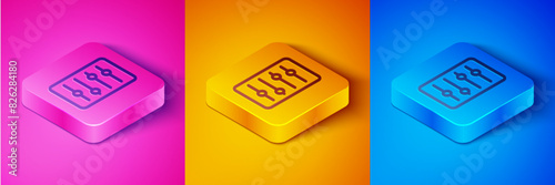 Isometric line Sound mixer controller icon isolated on pink and orange, blue background. Dj equipment slider buttons. Mixing console. Square button. Vector