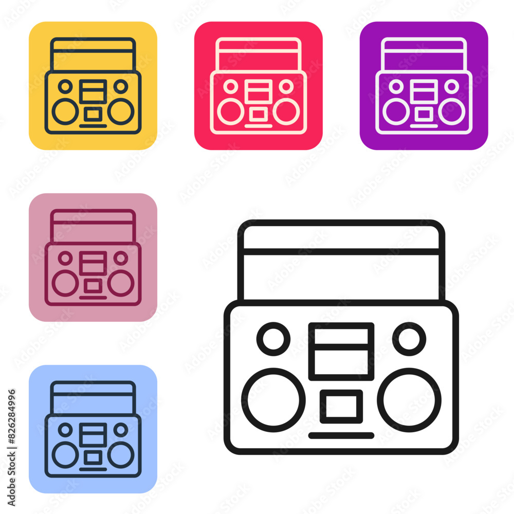 Black line Home stereo with two speakers icon isolated on white background. Music system. Set icons in color square buttons. Vector Black line Home stereo with two speakers icon isolated on white background. Music system. Set icons in color square buttons. Vector