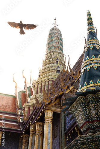 One bird flying over a buddhist temple  Grand Palace  Bangkok
