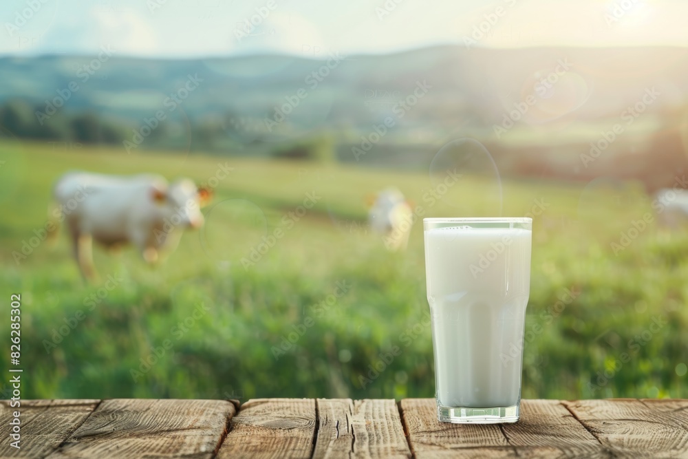 Fresh milk in glass on wooden table with cows and green grass landscape in countryside farm Fresh milk in glass on wooden table with cows and green grass landscape in countryside farm