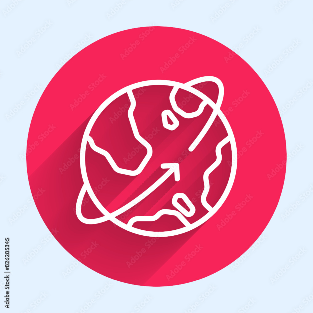 White line Artificial satellites orbiting the planet Earth in outer space icon isolated with long shadow background. Communication, navigation concept. Red circle button. Vector White line Artificial satellites orbiting the planet Earth in outer space icon isolated with long shadow background. Communication, navigation concept. Red circle button. Vector