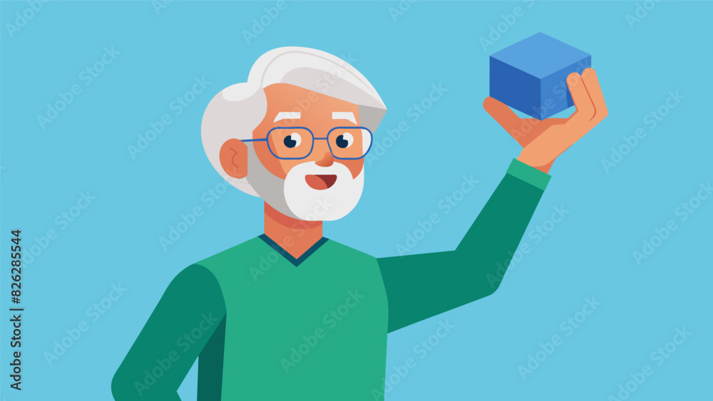 A senior citizen holds up their newly printed 3D object created with the help of a technology workshop for older adults.. Vector illustration A senior citizen holds up their newly printed 3D object created with the help of a technology workshop for older adults.. Vector illustration