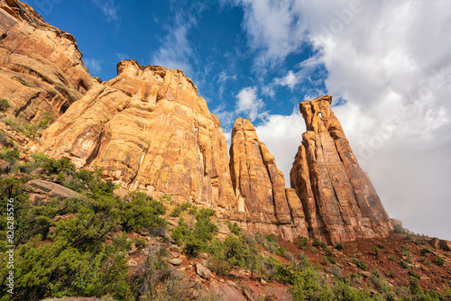 Majestic rock formations in Colorado Monument under blue sky