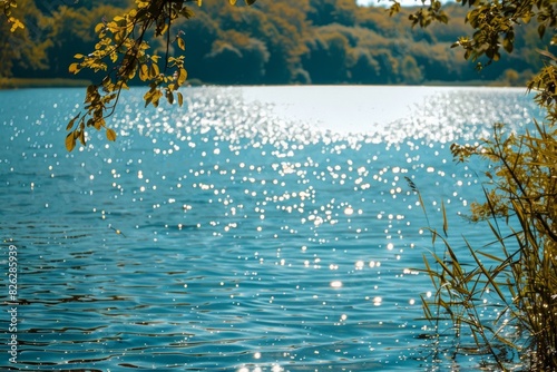 Sunlight glistens on the surface of the lake  creating a shimmering effect that highlights the breathtaking beauty of the surrounding nature