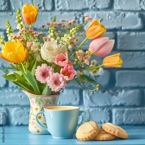 cup of coffee with tulips and croissant #826285963