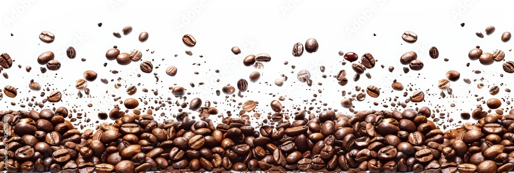 Coffee beans suspended in air with splash on white background, ideal for graphic design compositions Coffee beans suspended in air with splash on white background, ideal for graphic design compositions