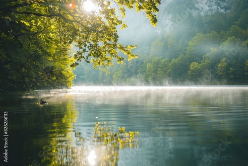 Sunlight gently caresses the serene lakeside, casting a golden glow over the water and the lush, surrounding nature photo