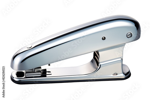 A shiny metallic stapler isolated on a white background, ideal for office supplies, stationery, and productivity concepts.
