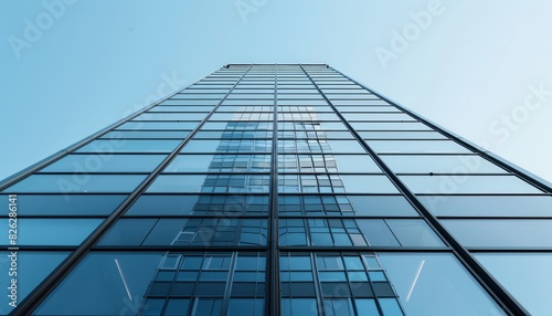 Symmetrical high-rise building with glass panels elevating city skyline aesthetics