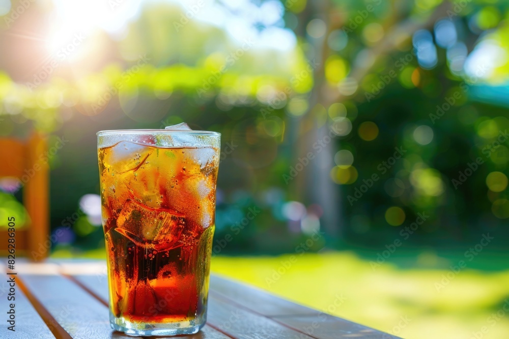 a glass of iced tea on a wooden table with the sun shining through the trees. a glass of iced tea on a wooden table with the sun shining through the trees.