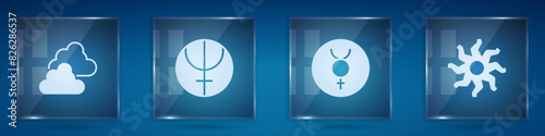 Set Cloudy weather, Neptune planet, Symbol Mercury and Sun. Square glass panels. Vector