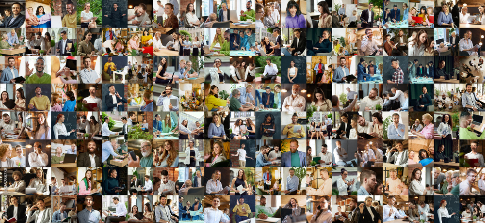 Fototapeta premium College. Men and women, people of different age and nationality, employees working together in giant enterprise. Motivated workers. Concept of business, entrepreneurship, career, teamwork