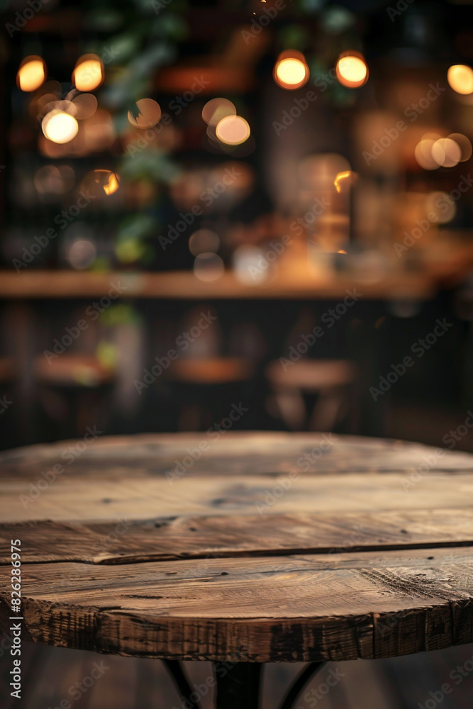 Generative AI image of a wooden round table and pub or bar blur background. Generative AI image of a wooden round table and pub or bar blur background.