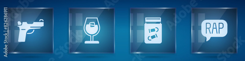 Set Pistol or gun, Wine glass, Evidence bag with bullet and Rap music. Square glass panels. Vector