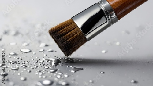 AI generated illustration of a paintbrush on a paper with silver paintdrops photo