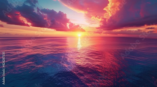 A breathtaking sunrise over a vast ocean  with the sky painted in hues of orange  pink  and purple.