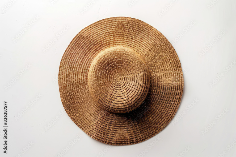 Top view of a woven brown straw hat on white background Top view of a woven brown straw hat on white background
