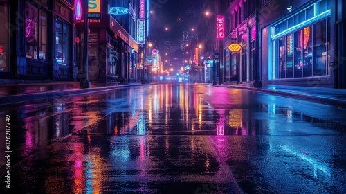 An empty urban street with wet asphalt reflecting the colorful lights of neon signs and streetlights  creating a moody nighttime scene 32k  full ultra hd  high resolution