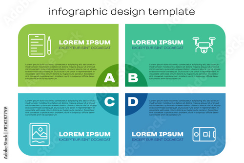 Set line Photo frame, Scenario, and video shooting and Drone flying. Business infographic template. Vector