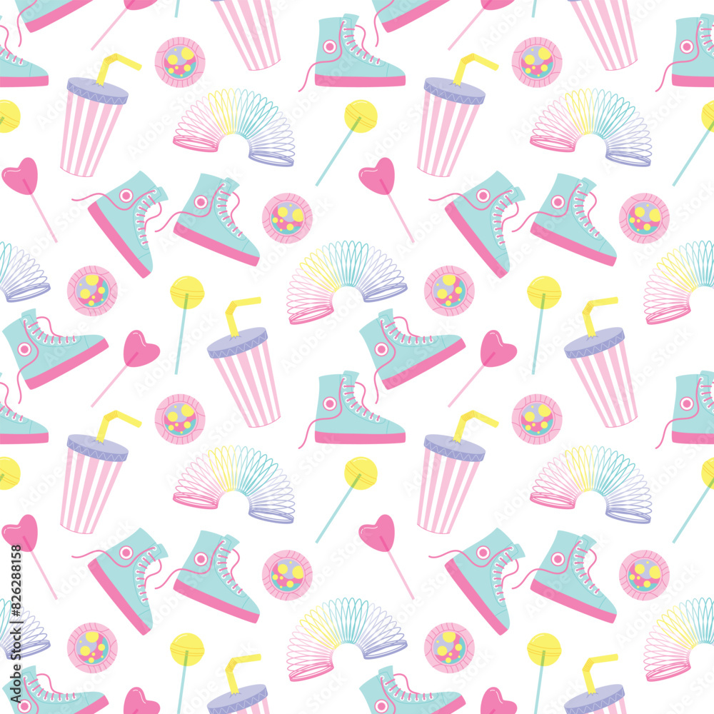 90s background with retro objects. Vector seamless pattern design